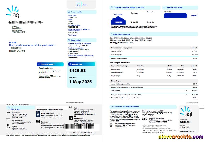 Australia AGL Gas utility bill, 3 pages, 1-2 page
